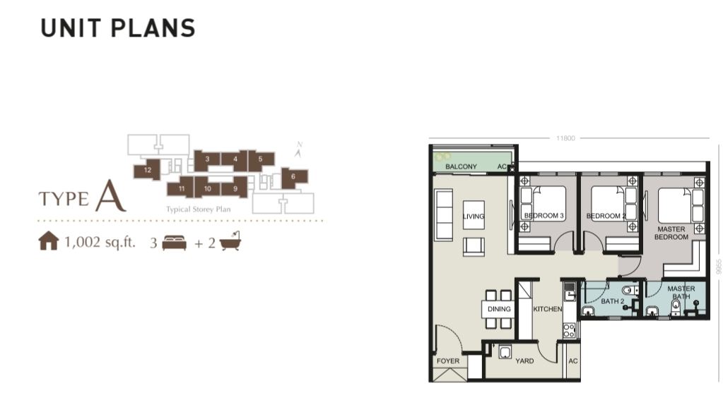 Type A floor plan, 1,002 sq.ft — 3 bedrooms, 2 bathrooms